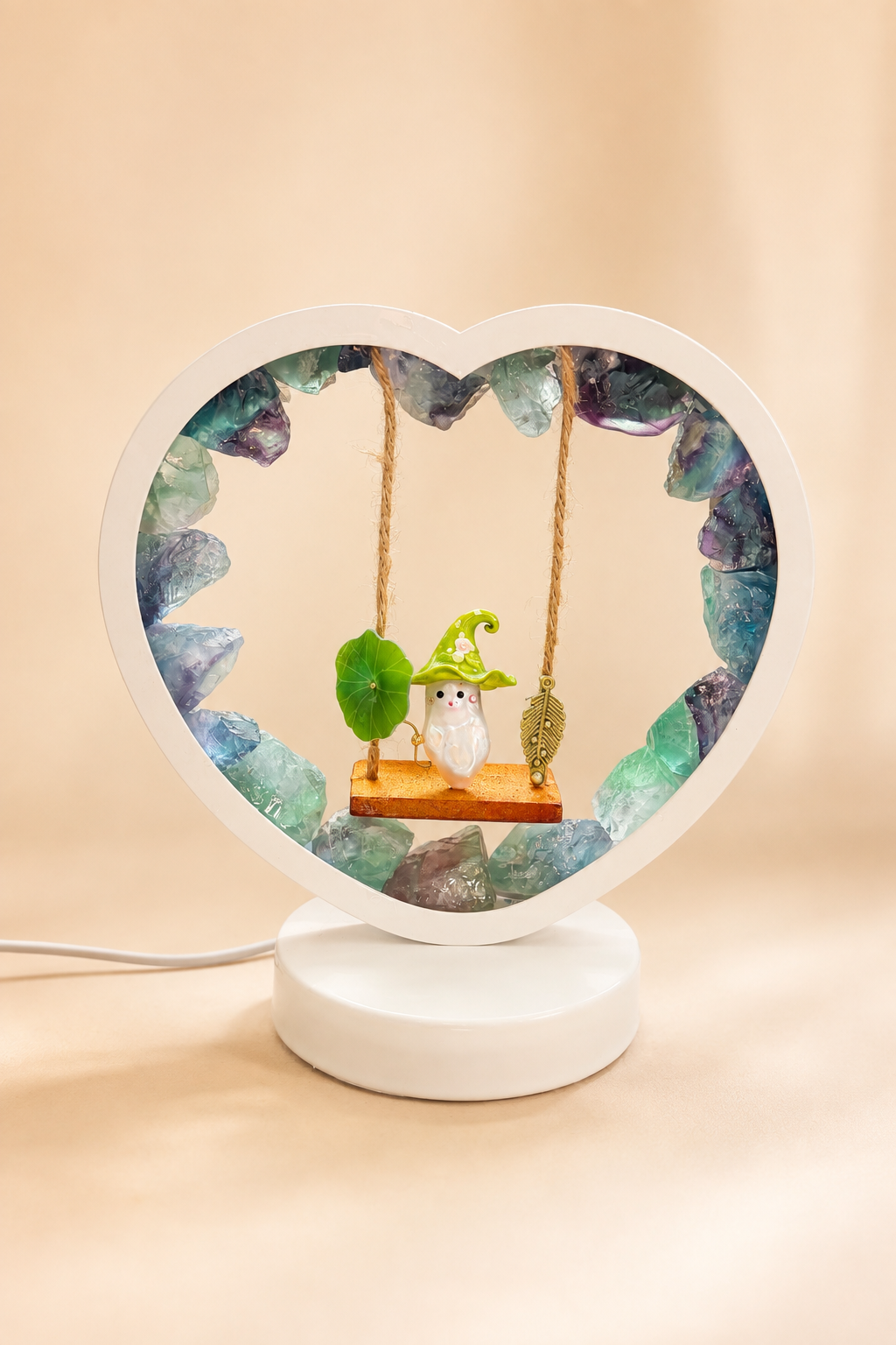 Raw Rainbow Fluorite Heart Swing Lamp – Enchanted Crystal Night Light