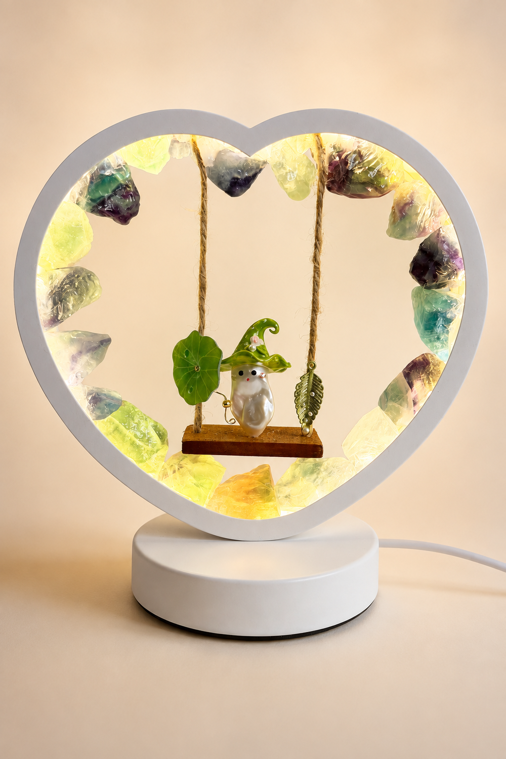 Raw Rainbow Fluorite Heart Swing Lamp – Enchanted Crystal Night Light