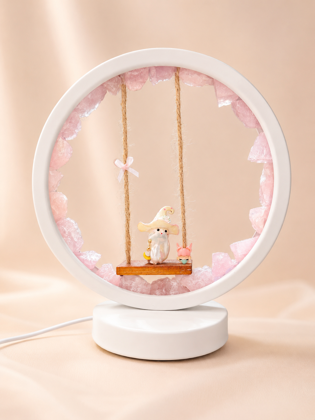 Raw Rose Quartz & Baroque Sea Pearl Circular Swing Lamp