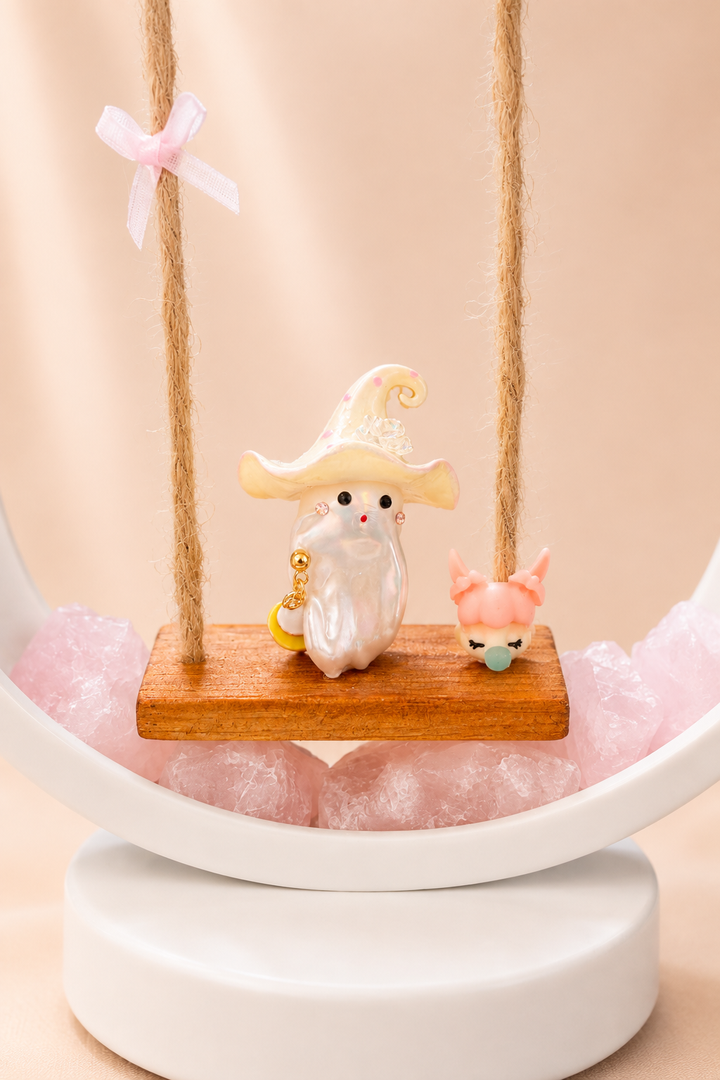 Raw Rose Quartz & Baroque Sea Pearl Circular Swing Lamp