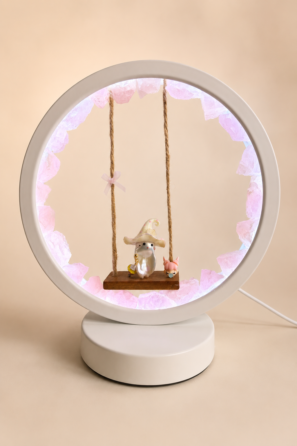 Raw Rose Quartz & Baroque Sea Pearl Circular Swing Lamp