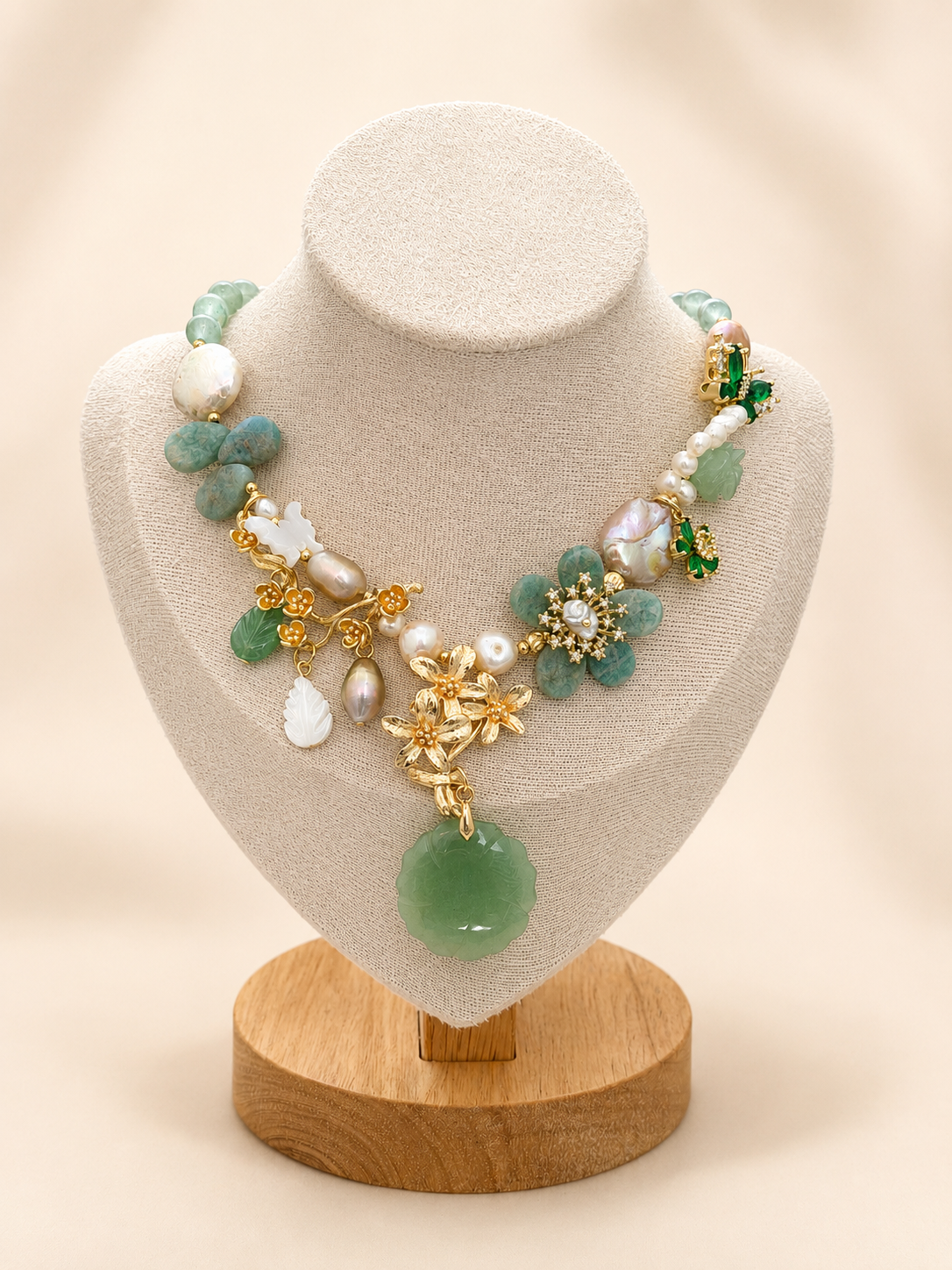 Jade, Green Aventurine & Pearl Statement Necklace